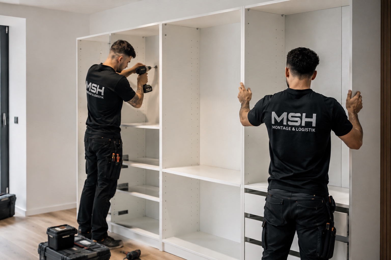 Monteure richten einen großen Kleiderschrank sorgfältig aus