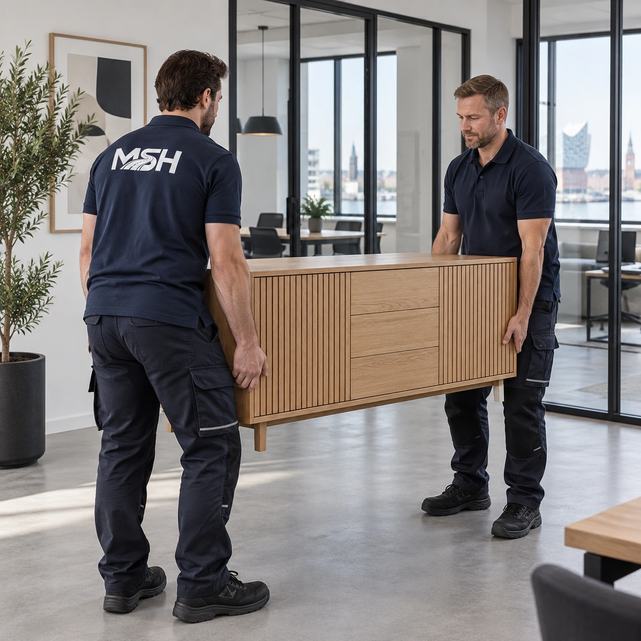 Illustration: Zwei MSH-Monteure positionieren ein Sideboard in einem Büro