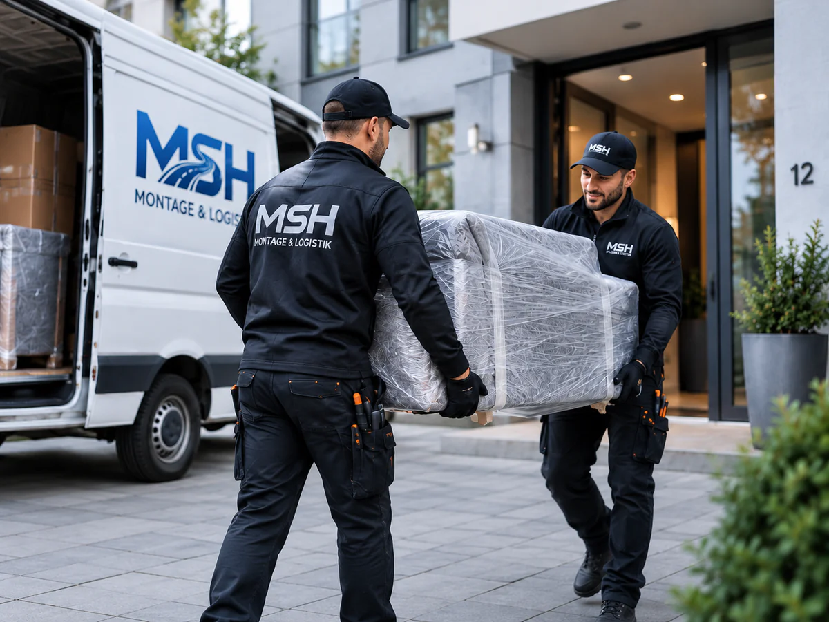 Zwei MSH-Mitarbeiter tragen ein geschütztes Möbelstück vom Transporter zum Haus